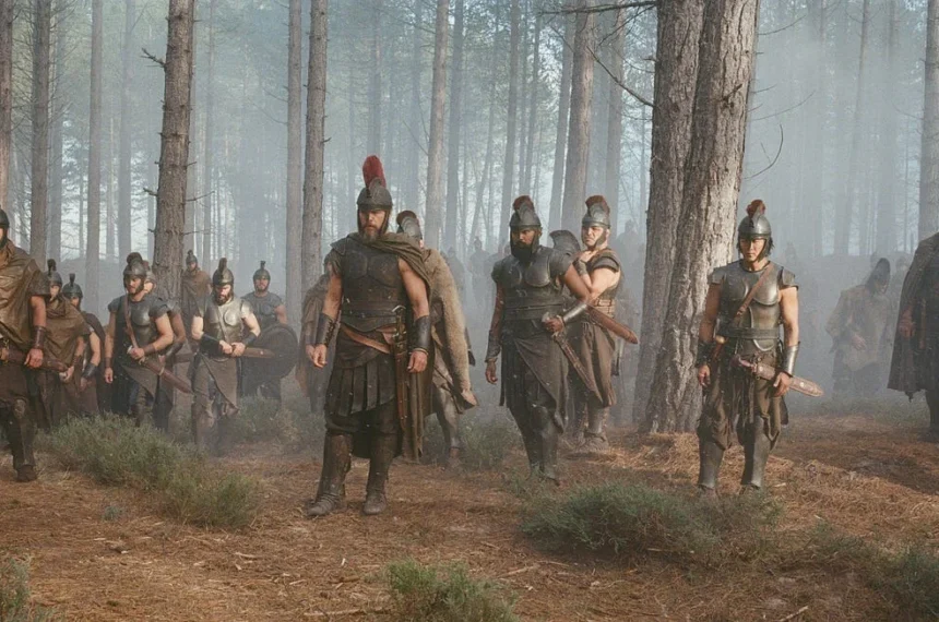 Matt Damon com barba, armadura antiga e capa lidera um grande grupo de soldados gregos através de uma floresta fria e enevoada no filme A Odisseia.