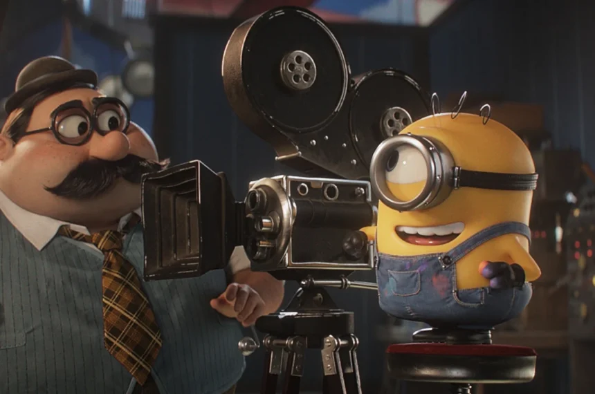 Um Minion sorridente operando uma antiga câmera de cinema a rolo enquanto um homem engravatado de bigode o observa.