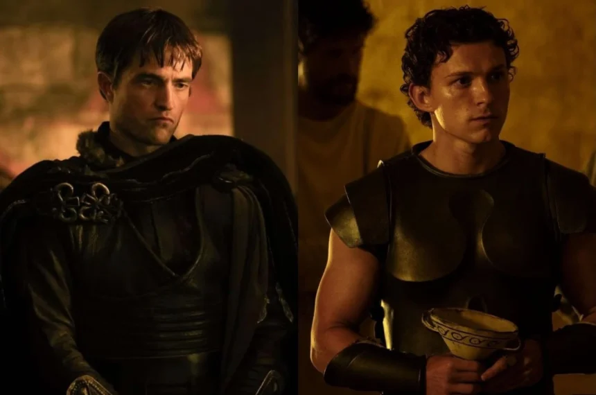 Montagem de cena dividida mostrando Robert Pattinson usando armadura escura com expressão ameaçadora de um lado e Tom Holland segurando uma taça antiga do outro, no filme A Odisseia.