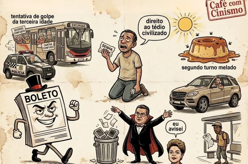 Charge satírica da coluna Café com Cinismo sobre o segundo turno das eleições de 2026, mostrando um trabalhador periférico sem transporte no ponto de autocarro, um eleitor num SUV, Kássio Nunes Marques junto a um caixote do lixo com urnas, um boleto bancário sorridente como campeão invicto e Dilma Rousseff a dizer "eu avisei".