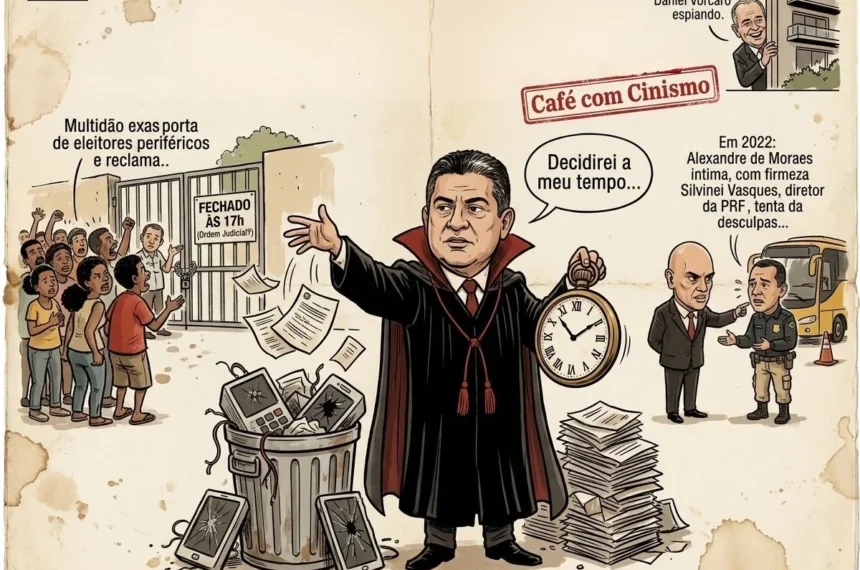 Charge da coluna Café com Cinismo com Kássio Nunes Marques de toga a segurar um relógio de bolso e a dizer "Decidirei a meu tempo...", ao lado de urnas no lixo, eleitores barrados num portão fechado às 17h, Daniel Vorcaro a espreitar de uma varanda e Alexandre de Moraes a enquadrar Silvinei Vasques em 2022.