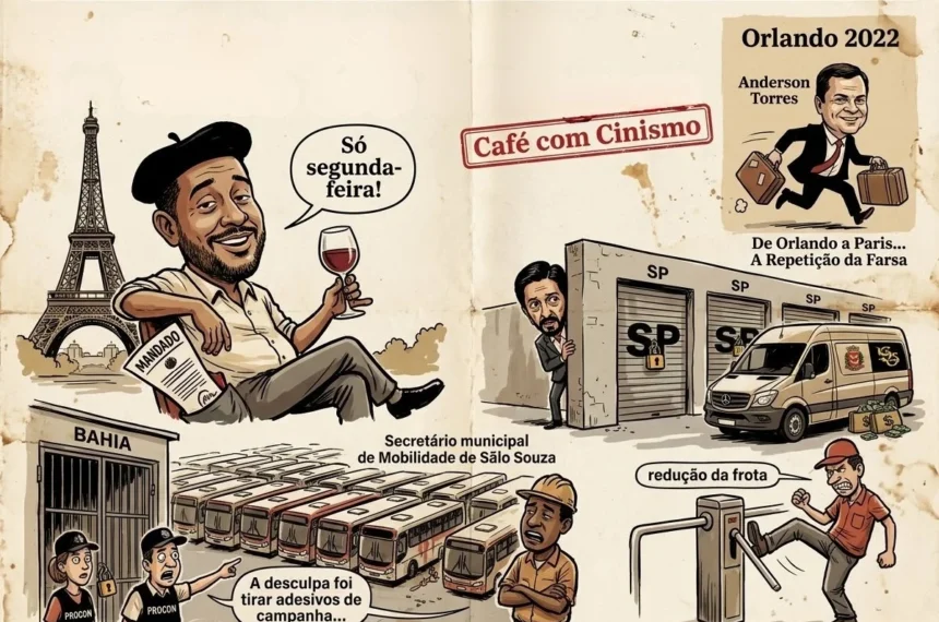 Ilustração satírica mostrando o secretário de Mobilidade de Salvador de boina e copo de vinho em frente à Torre Eiffel com um mandado de prisão no bolso a dizer "Só segunda-feira!", autocarros retidos na Bahia, garagens trancadas em São Paulo e Anderson Torres a fugir para Orlando em 2022.