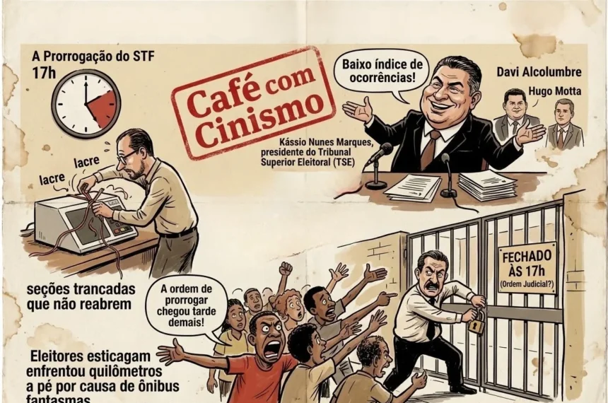 Ilustração satírica mostrando o secretário de Mobilidade de Salvador de boina e copo de vinho em frente à Torre Eiffel com um mandado de prisão no bolso a dizer "Só segunda-feira!", autocarros retidos na Bahia, garagens trancadas em São Paulo e Anderson Torres a fugir para Orlando em 2022.