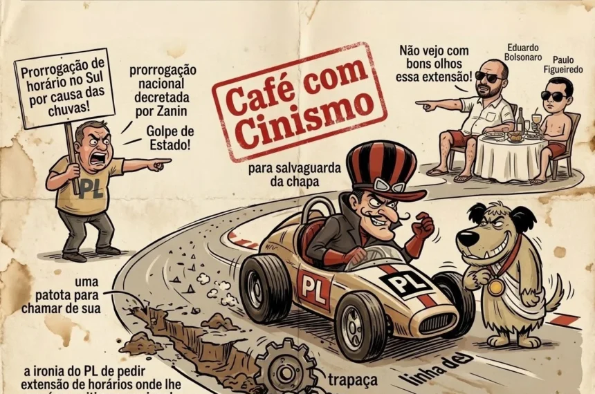 Charge inspirada na Corrida Maluca mostrando Dick Vigarista num carro com a sigla PL e o cão Muttley ao lado de uma armadilha na pista antes da linha de chegada, um militante do PL a pedir prorrogação no Sul mas a gritar "Golpe de Estado" contra a decisão de Zanin, e Eduardo Bolsonaro com Paulo Figueiredo numa mesa em Miami.