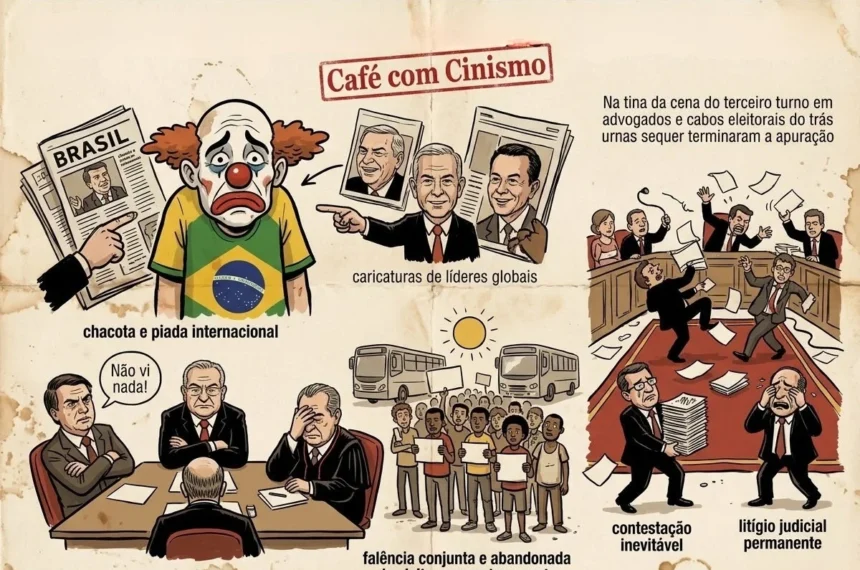 Ilustração satírica mostrando um cidadão vestido de palhaço com a camisola do Brasil a chorar enquanto líderes mundiais riem dos jornais, representantes dos Três Poderes inertes numa mesa, eleitores sem autocarro ao sol e advogados em pânico com pilhas de processos num tribunal representando o tapetão.