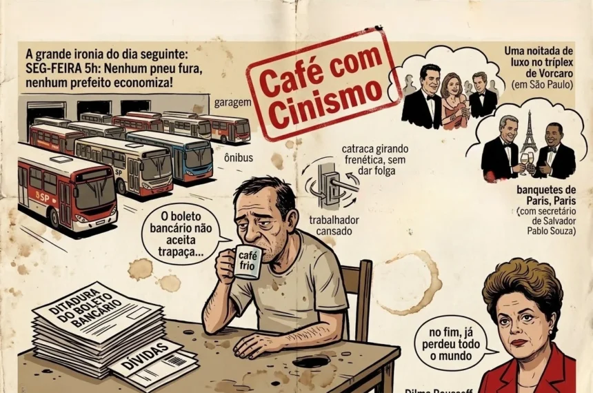 Ilustração satírica mostrando um cidadão vestido de palhaço com a camisola do Brasil a chorar enquanto líderes mundiais riem dos jornais, representantes dos Três Poderes inertes numa mesa, eleitores sem autocarro ao sol e advogados em pânico com pilhas de processos num tribunal representando o tapetão.