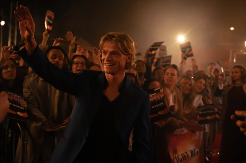 Naomi Ackie e Tom Rhys Harries olham-se intensamente num cenário noturno, iluminado por luzes coloridas desfocadas ao fundo.