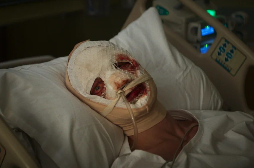 Um paciente deitado numa cama de hospital tem o rosto totalmente coberto por ligaduras ensanguentadas e tubos médicos, com apenas um olho visível.